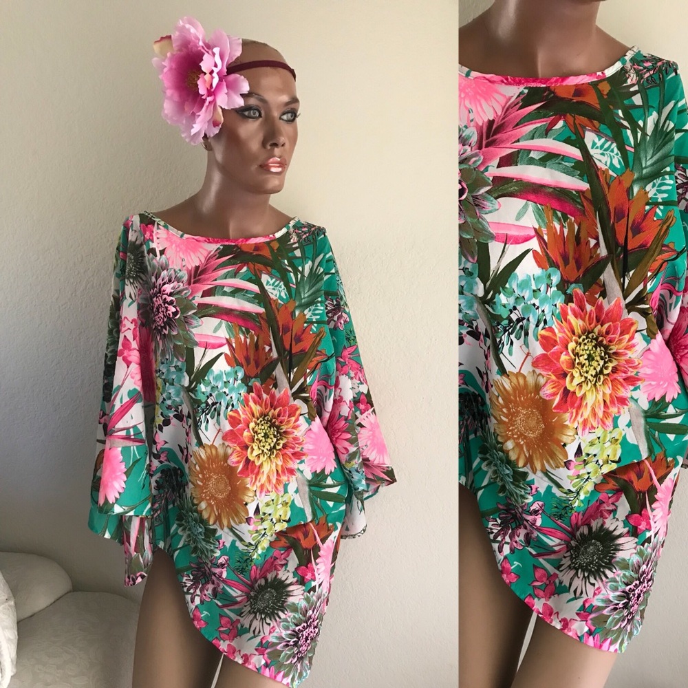 BLACK BEAD Tropical Floral Print Asymetric Boho Blouse S
